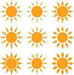 Sun icon set. Yellow sun icons. Shine sun ray set. Sunset icon collection