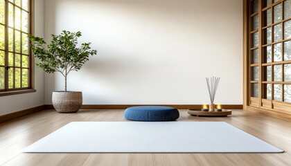 minimalist yoga room with mat and meditation cushion