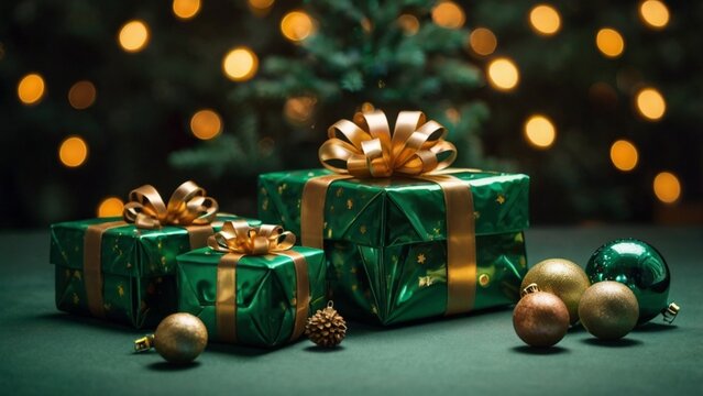 Green Gift Box With Gold Ribbon And Gold Bow On It