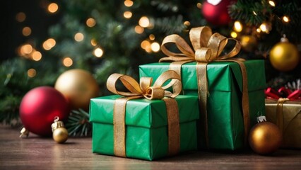 Christmas Tree With A Green Gift Wrapped In Gold Ribbon