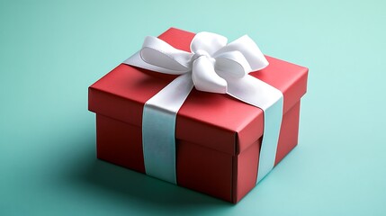 Obraz premium A small red gift box with a perfectly tied white ribbon bow, matte finish, centered on a pastel mint green background, glowing softly under even lighting, hd quality, clean and modern design.