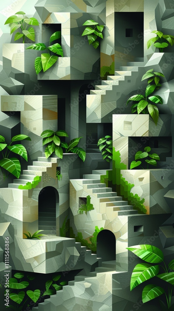 Poster minimalist composition featuring green palm leaves intertwined with geometric stone structures and s