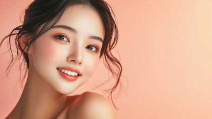 Fototapeta premium A young woman with dark hair and soft makeup looks at the camera.