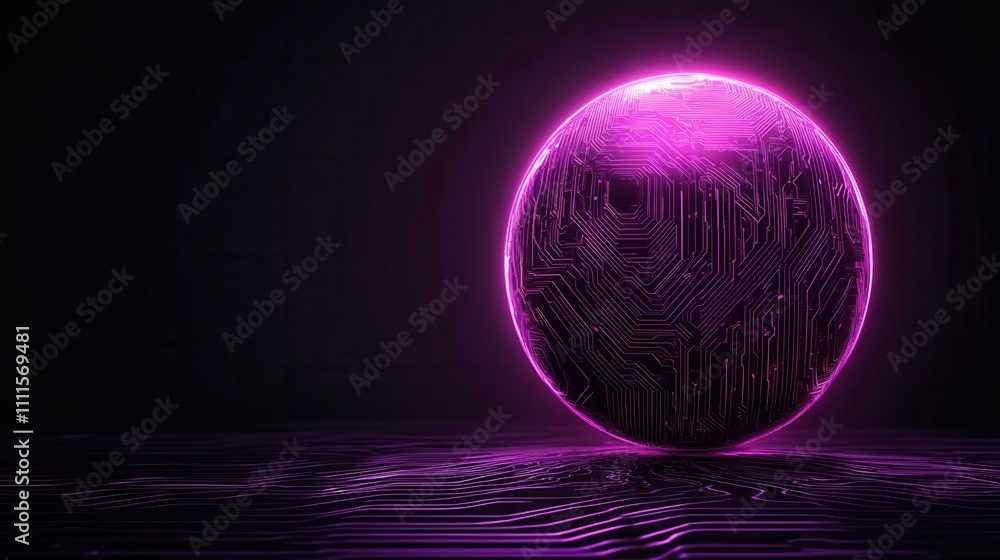 Poster a glowing purple sphere with a circuit pattern, set against a dark background, creating a futuristic