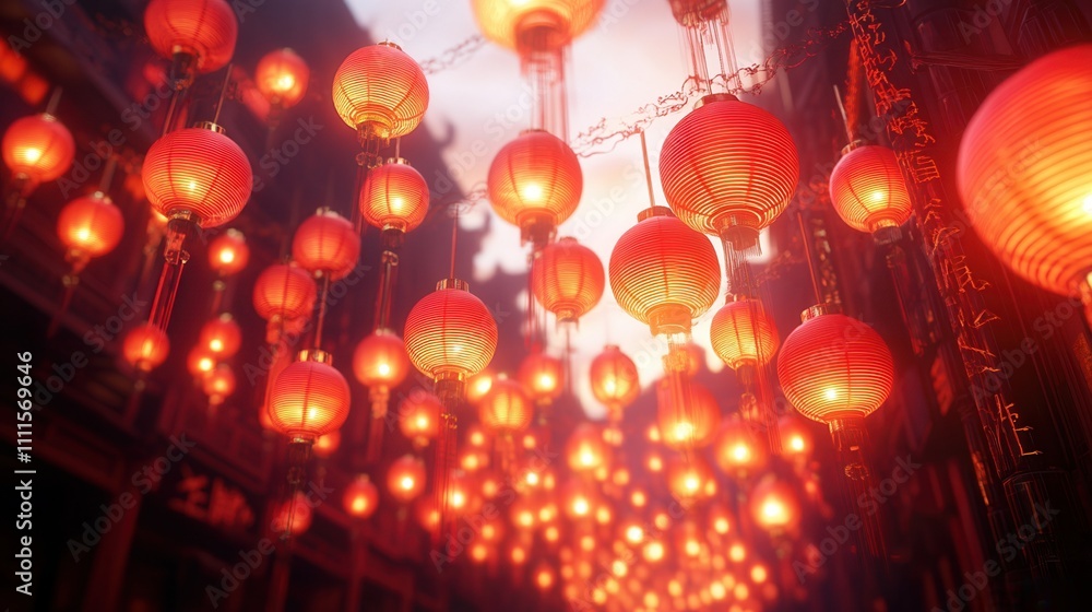 Poster a vibrant display of red lanterns illuminating a street, creating a festive atmosphere that evokes c