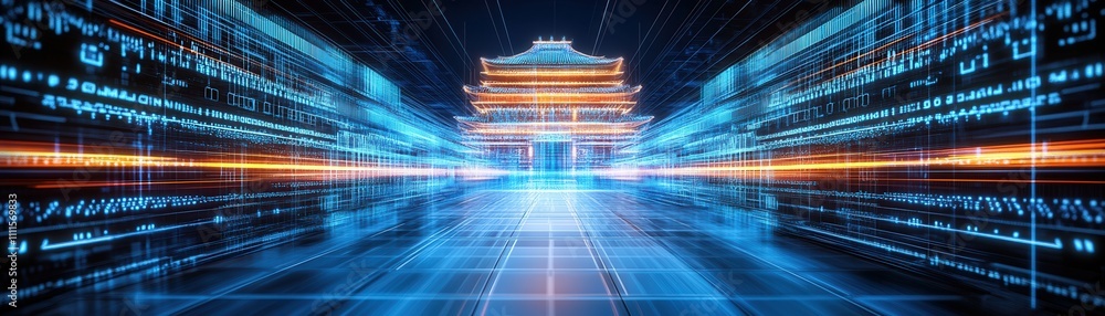 Poster a futuristic gateway illuminated with blue lights, symbolizing technology and connectivity, set agai