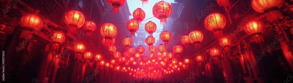 Poster a stunning display of red lanterns illuminating a corridor, creating a vibrant and festive atmospher