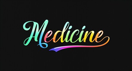 Medicine colorful calligraphic shining shiny smooth lettering on plain black background