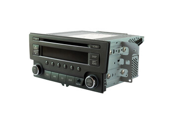 Front view of a black automobile radio with screen on white background  .