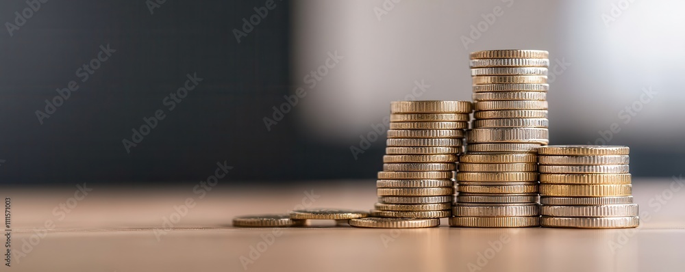 Poster a close-up of stacks of coins arranged neatly on a surface, emphasizing currency and financial theme