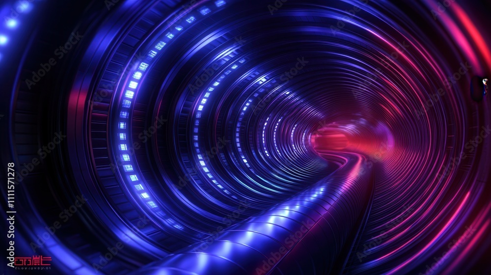 Poster a vibrant, futuristic tunnel illuminated with blue and purple lights, creating a dynamic and immersi