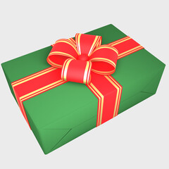 Side view of a beautiful modern green gift box with red and golden ribbon. Advertisement, xmas gift, Christmas decoration