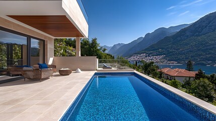 Fototapeta premium Exquisite Poolside View of a High-End Resort with Modern Architecture Overlooking Breathtaking Mountain Landscape and Tranquil Waters