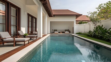 Stunning and Luxurious Exterior of a High-End Resort Featuring a Serene Poolside Area Surrounded by Lush Landscaping and Modern Design Elements