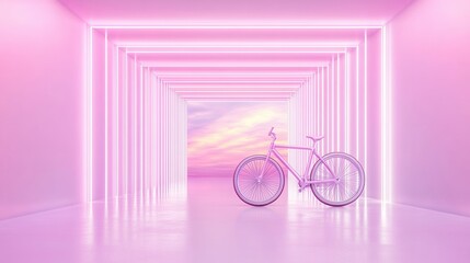 Fototapeta premium A modern, minimalistic space features a pink bike against glowing pink lines, creating a dreamy atmosphere.