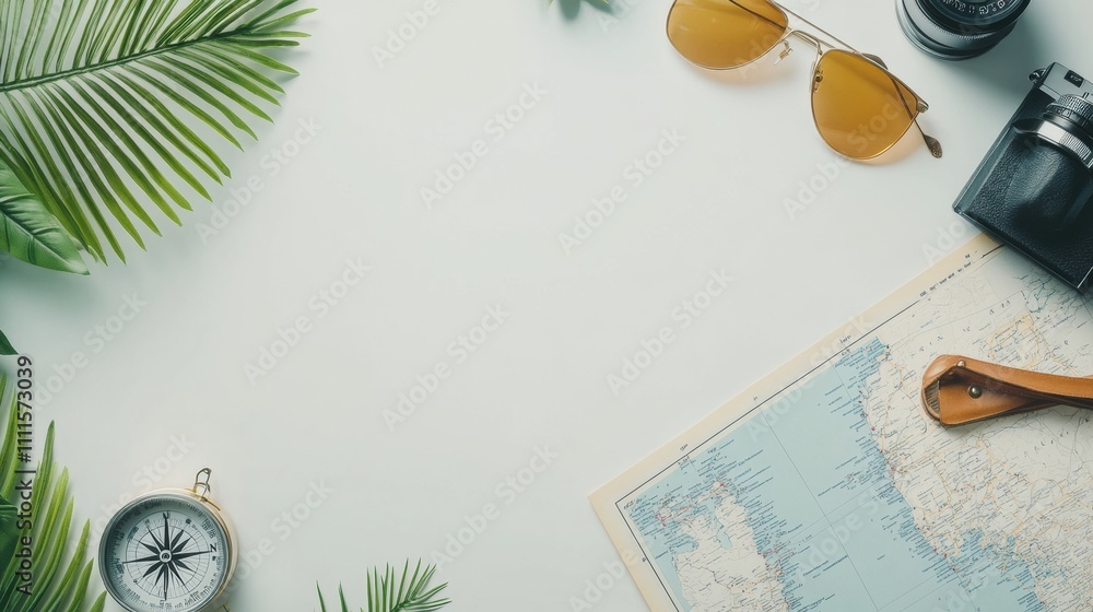 Aufkleber essential travel items like a map and compass sit on a white background surrounded by tropical leave