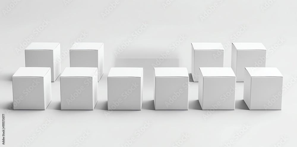 Poster a row of 10 white blank cubes on a white surface with minimal shadows.