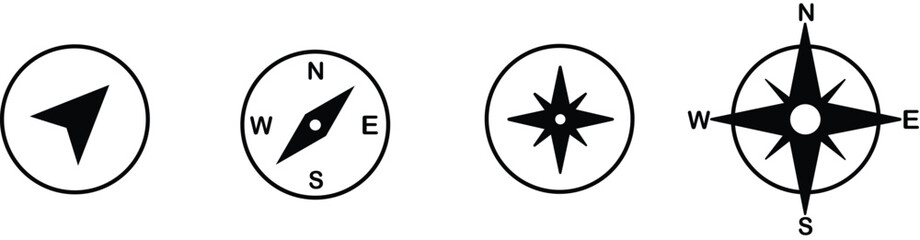 Compass icon set.Compass icon for navigation and travel direction themes.Arrow compass icon sign and symbol.Comoass direction arrow icon or map N sign navigation GPS symbol stock illustration.