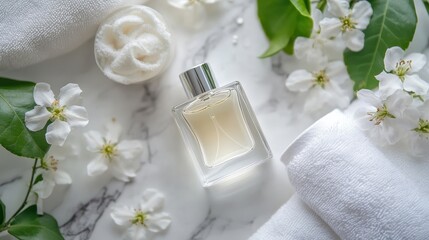 Elegant Perfume Bottle Surrounded by Flowers and Towels