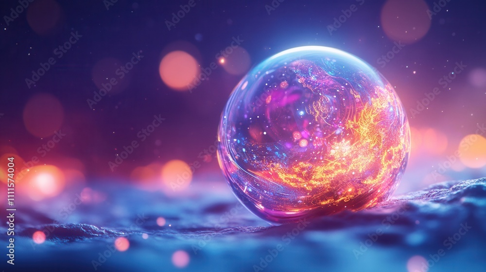 Poster a glowing, colorful orb sits on a textured surface, surrounded by soft bokeh lights, creating a myst