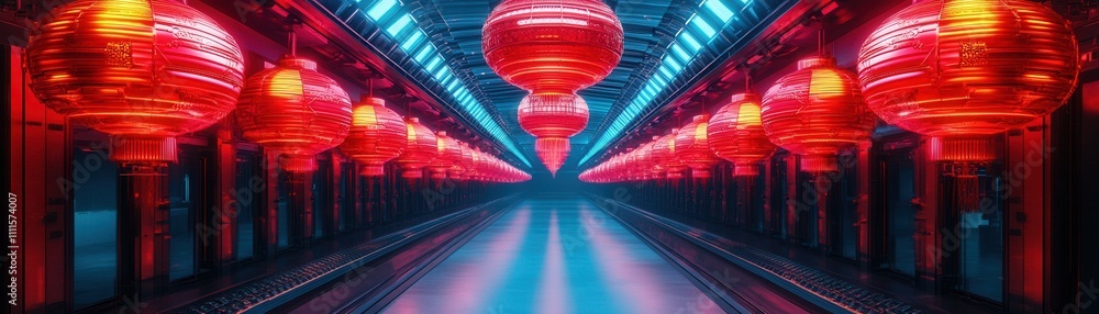 Poster a vibrant corridor adorned with glowing red lanterns, creating a captivating and festive atmosphere.