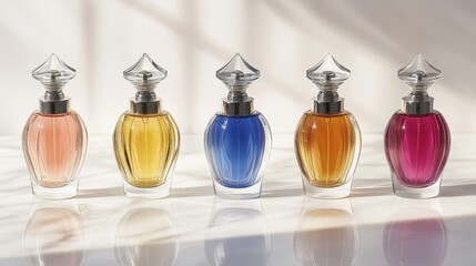 Colorful Perfume Bottles Displayed on a Light Background