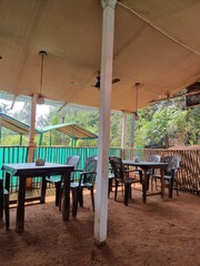 cafe interior, arambol india goa. tables and chairs, ceiling fans