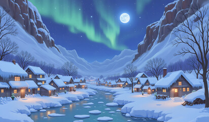A tranquil winter village under a vibrant aurora and full moon, nestled between snowy cliffs, with cozy lit houses reflecting on an icy river surrounded by serene nature.