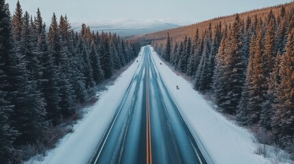 Obraz premium Snowy road flanked by evergreen trees in a winter landscape