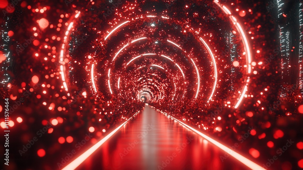 Poster a futuristic tunnel illuminated by vibrant red lights, creating a mesmerizing atmosphere with glowin