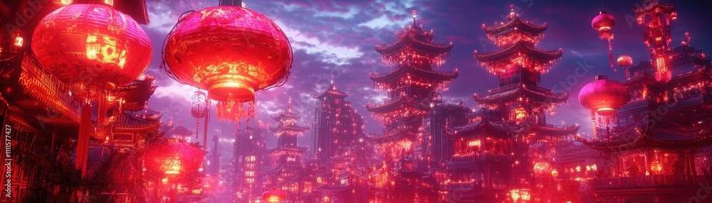 Poster a vibrant nighttime scene featuring illuminated red lanterns and traditional architecture, creating 