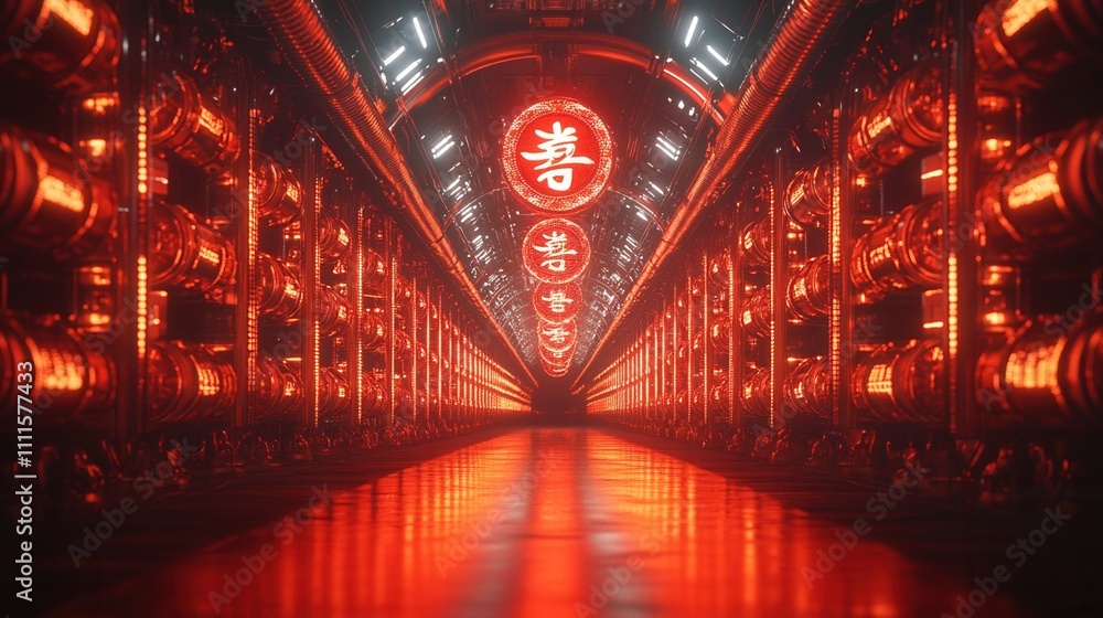 Poster a futuristic corridor illuminated in red, lined with shelves and featuring glowing symbols, creating
