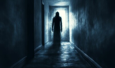 Dark hallway, shadowy figure, light at end.