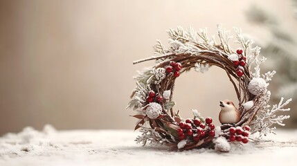 Fototapeta premium A handcrafted woodland wreath with snowy twigs, tiny hedgehog and bird figurines, and frosted berries, styled on a light beige backdrop. The winter-inspired design captures the charm of the forest,