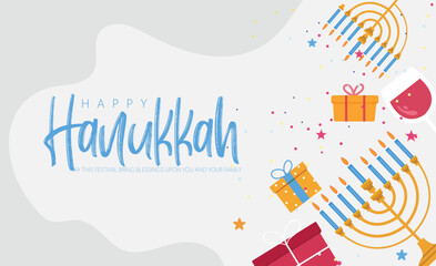 Hanukkah illustration featuring a menorah, gifts, and festive decorations. Celebratory elements highlight the joy and warmth of the holiday season.