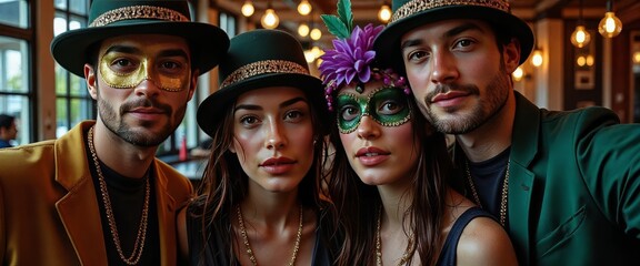 Obraz premium A group of women wearing green hats and masks are posing for a picture. Scene is festive and celebratory, as they are dressed up for a special occasion
