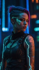Obraz premium Close up of a Sci-Fi Cyberpunk Portrait. Portrait of a sci-fi cyberpunk girl. High-tech futuristic woman from the future. Generative AI