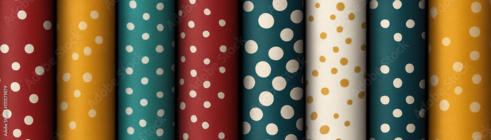 Poster colorful polka dot patterns in retro color schemes create vibrant design. combination of teal, red, 