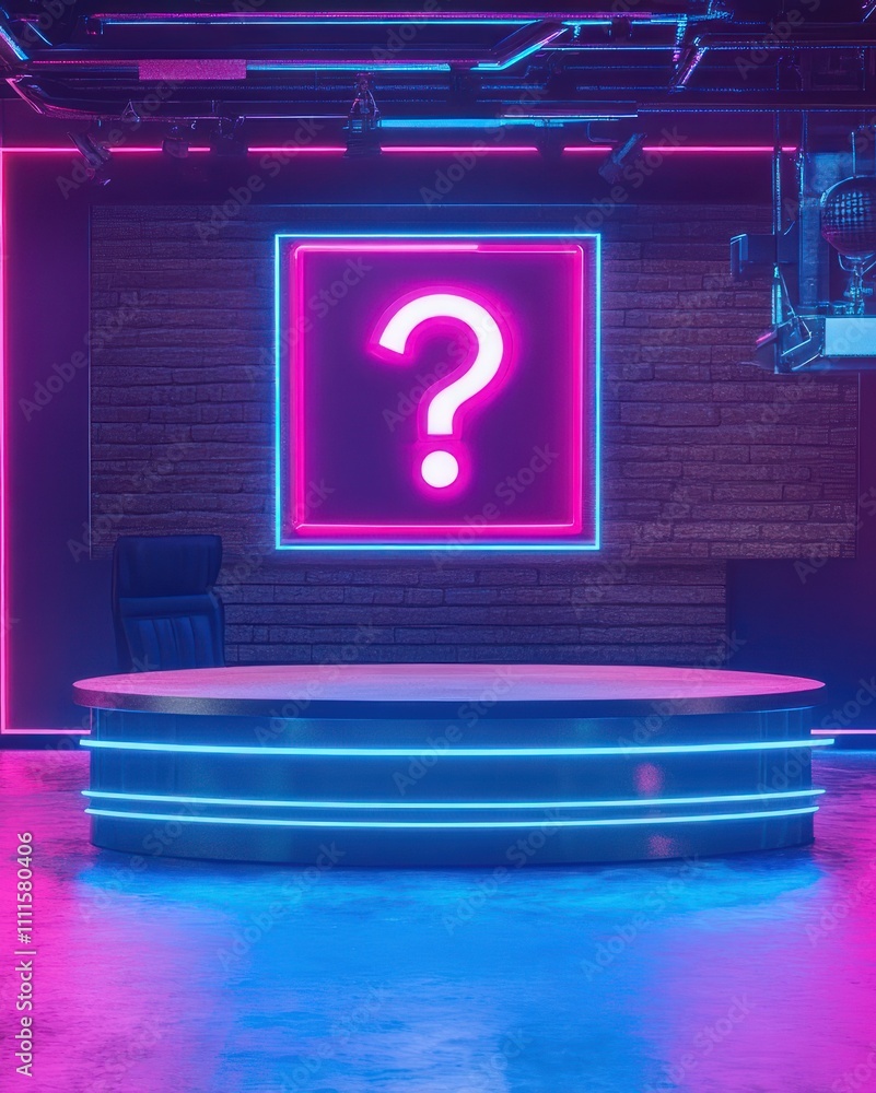 Poster modern studio setup with neon question mark backdrop