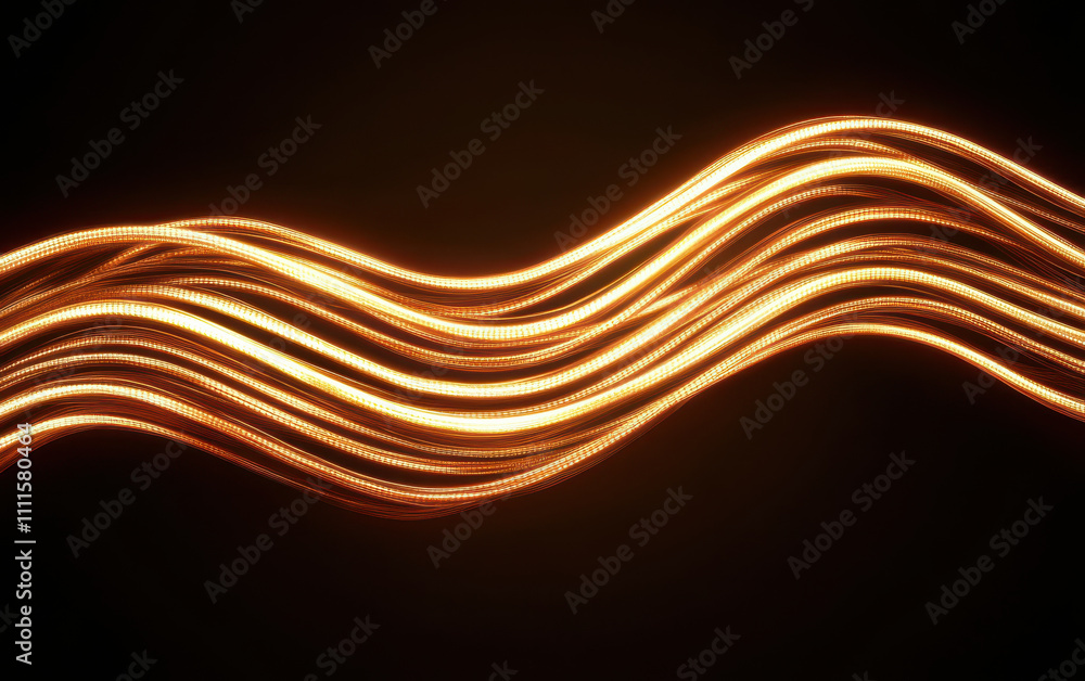 Poster dynamic wave pattern of glowing fiber optic lights creates mesmerizing visual effect. warm golden to