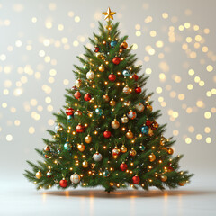 Fototapeta premium Photography of Christmas tree with colorful ornaments on a empty background with bokeh lights for holiday design.