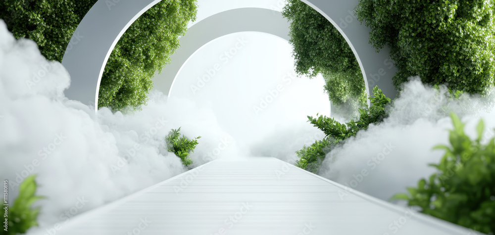 Poster futuristic pathway surrounded by lush greenery and fog, creating serene atmosphere. design features 