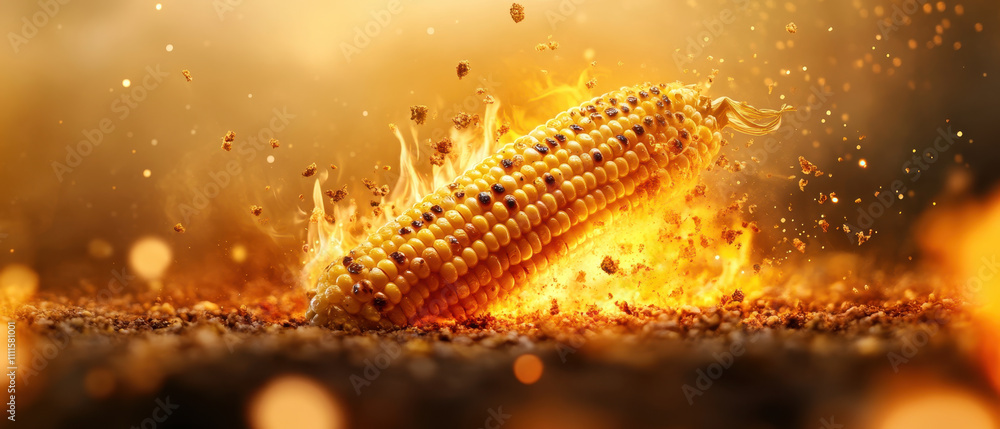 Poster grilled corn on cob with fiery effect, showcasing vibrant colors and dynamic flames. this captures e