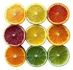 Obraz premium Citrus Fruit Slices Oranges Lemons Limes Grapefruits Food Background