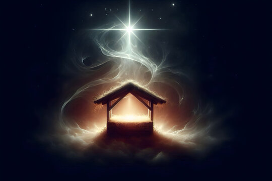 Nativity Scene - Birth Of Jesus Christ With Manger with bright star  And Starry Sky