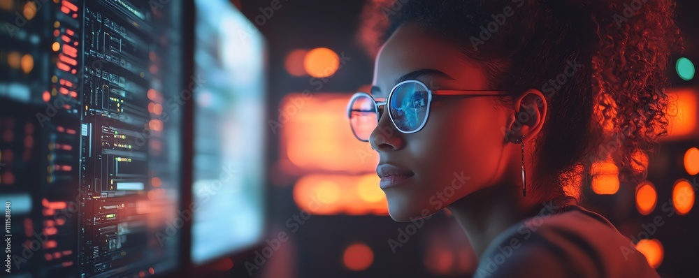 Poster computer engineer managing it systems in a futuristic server room, vibrant holographic interfaces an
