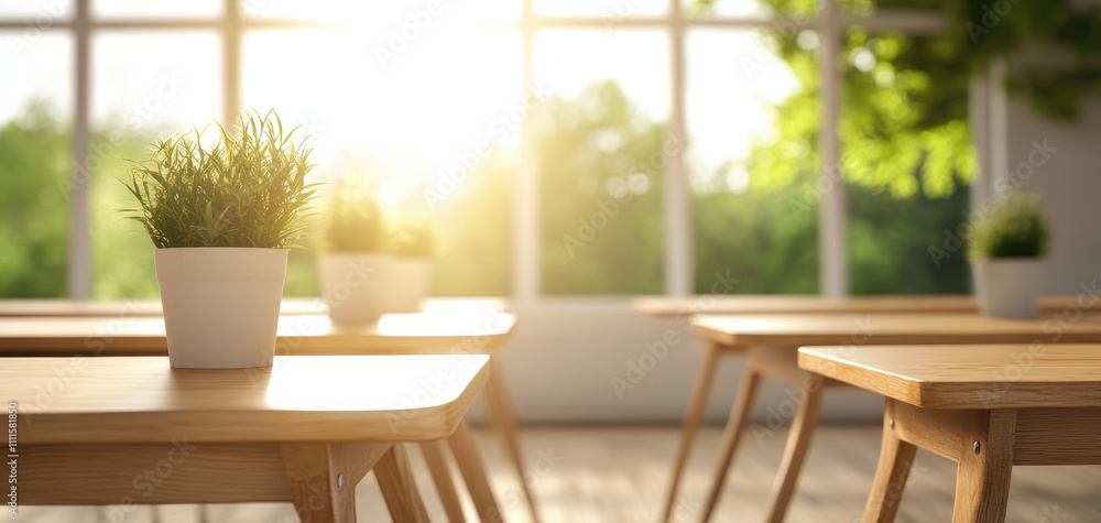 Poster bright sunlight streams through large windows, illuminating neatly arranged wooden desks in empty cl