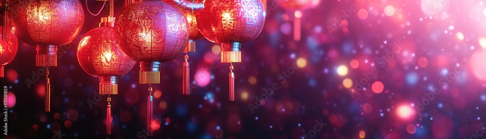 Poster a vibrant display of red lanterns against a colorful, blurred background, creating a festive and enc