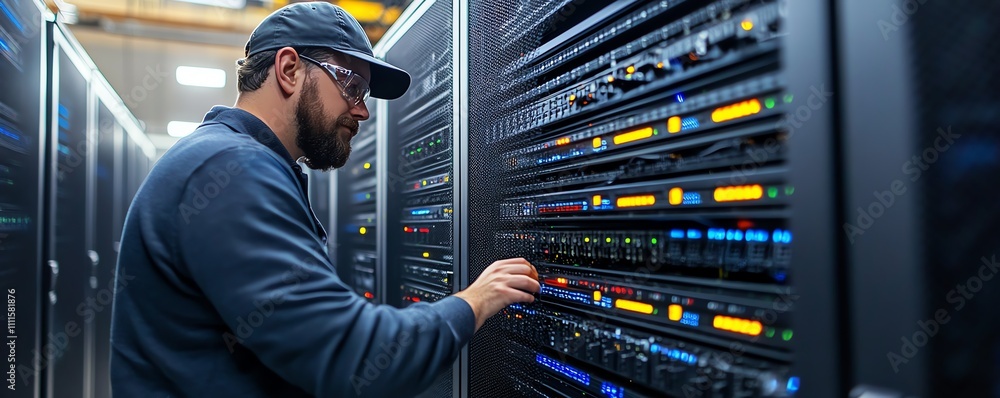 Poster computer engineer managing it systems in a futuristic server room, vibrant holographic interfaces an