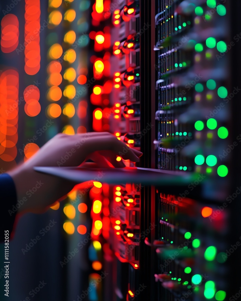 Aufkleber computer engineer using a laptop in a server room
